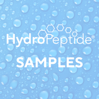 A white hydropeptide logo on a light blue background covered in water droplets